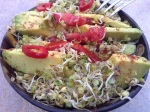 sprouted wild mustard seeds with avocado salad